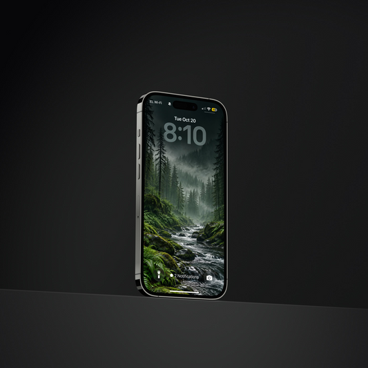 Angled phone displaying a rocky stream running through a misty green conifer forest.