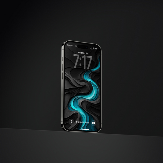 Angled phone displaying Midnight Current abstract black and turquoise wallpaper.