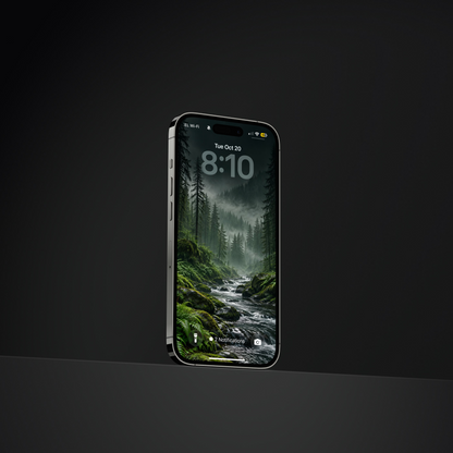 Angled phone displaying a rocky stream running through a misty green conifer forest.