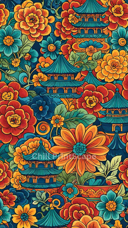 Floral Chinese Illustration | HD Digital Wallpaper