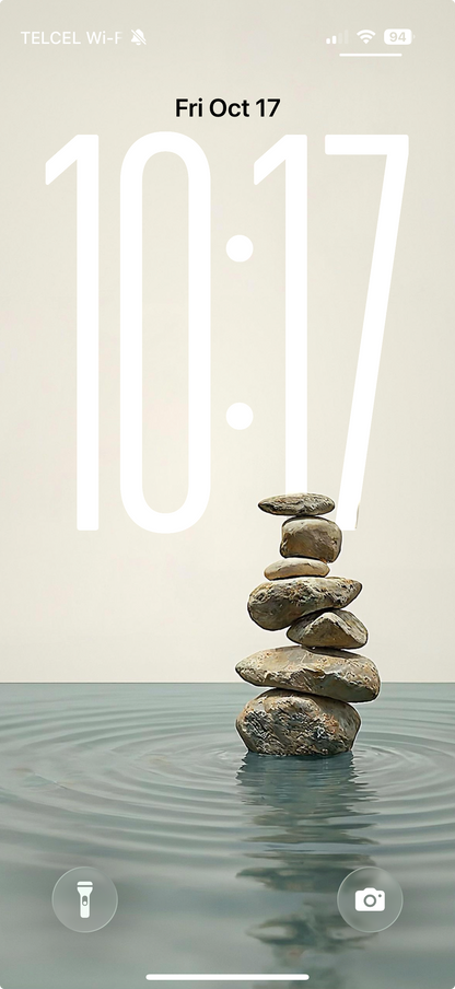 Phone screen showing the time '10:17' with a stack of stones on water.