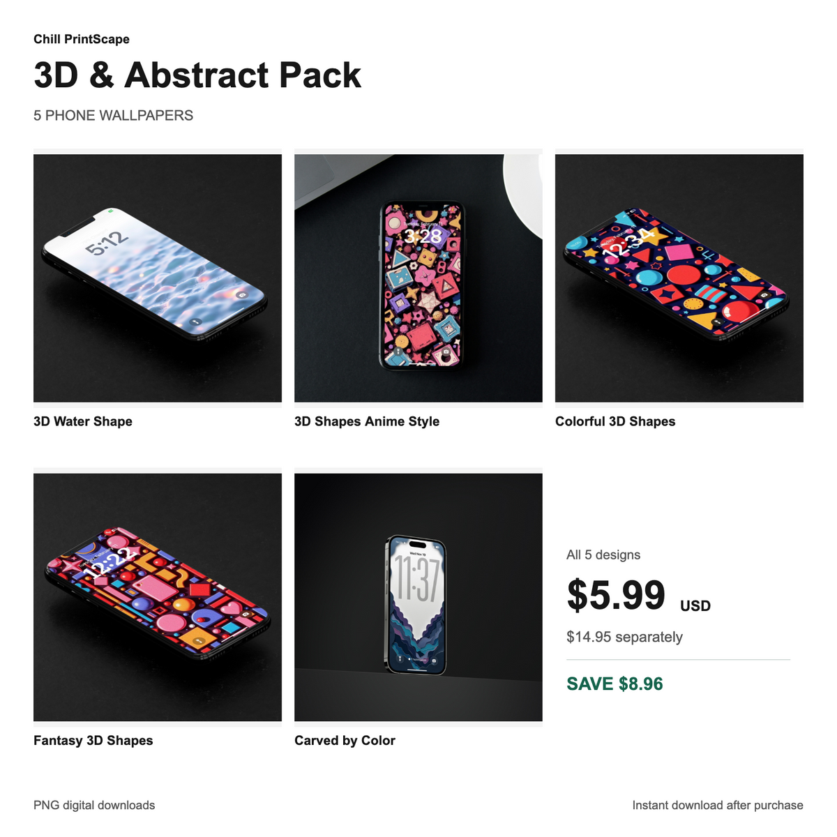 3D & Abstract Pack showing all five included wallpaper designs, $5.99 USD for the pack and $8.96 savings compared with individual purchases.