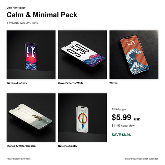 Calm & Minimal Pack showing all five included wallpaper designs, $5.99 USD for the pack and $8.96 savings compared with individual purchases.