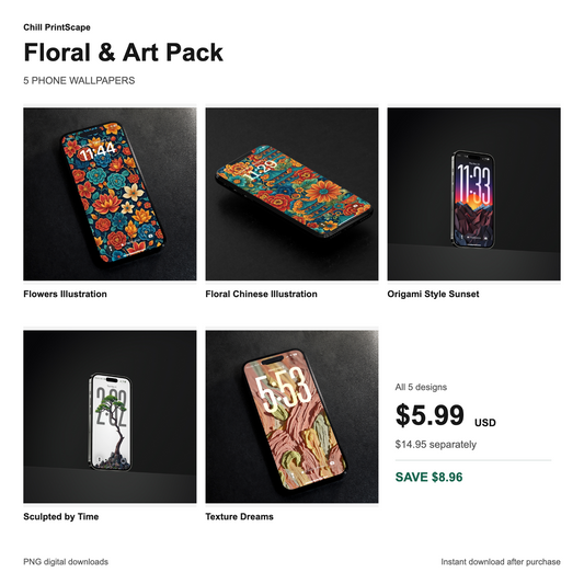 Floral & Art Pack showing all five included wallpaper designs, $5.99 USD for the pack and $8.96 savings compared with individual purchases.