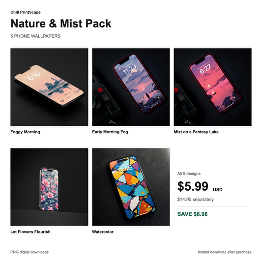 Nature & Mist Pack showing all five included wallpaper designs, $5.99 USD for the pack and $8.96 savings compared with individual purchases.