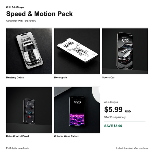 Speed & Motion Pack showing all five included wallpaper designs, $5.99 USD for the pack and $8.96 savings compared with individual purchases.
