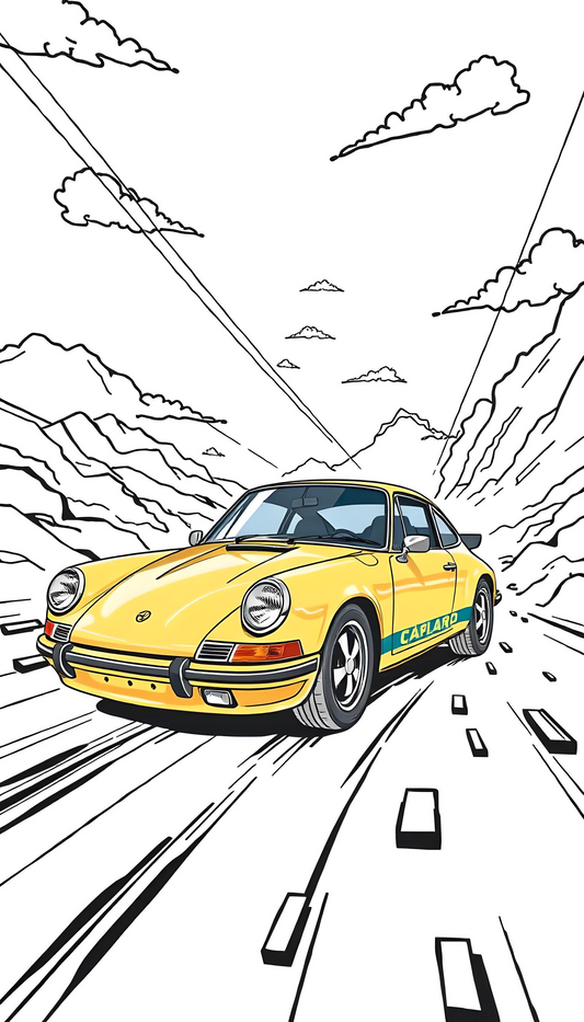 Retro Yellow Porsche Wallpaper – Comic Book Style Digital Art
