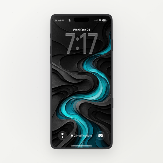 Front-facing phone showing black layered contours and a turquoise flowing current.