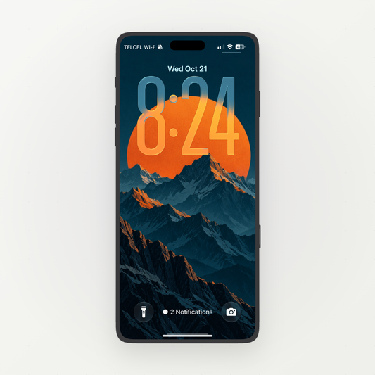 Phone displaying Solar Ridge, an orange sun behind blue mountain ridges.