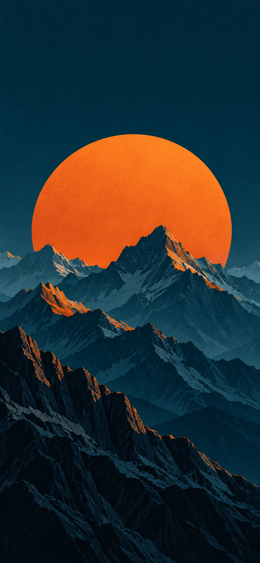 Wallpaper preview featuring a large orange sun behind layered dark blue mountain ridges.